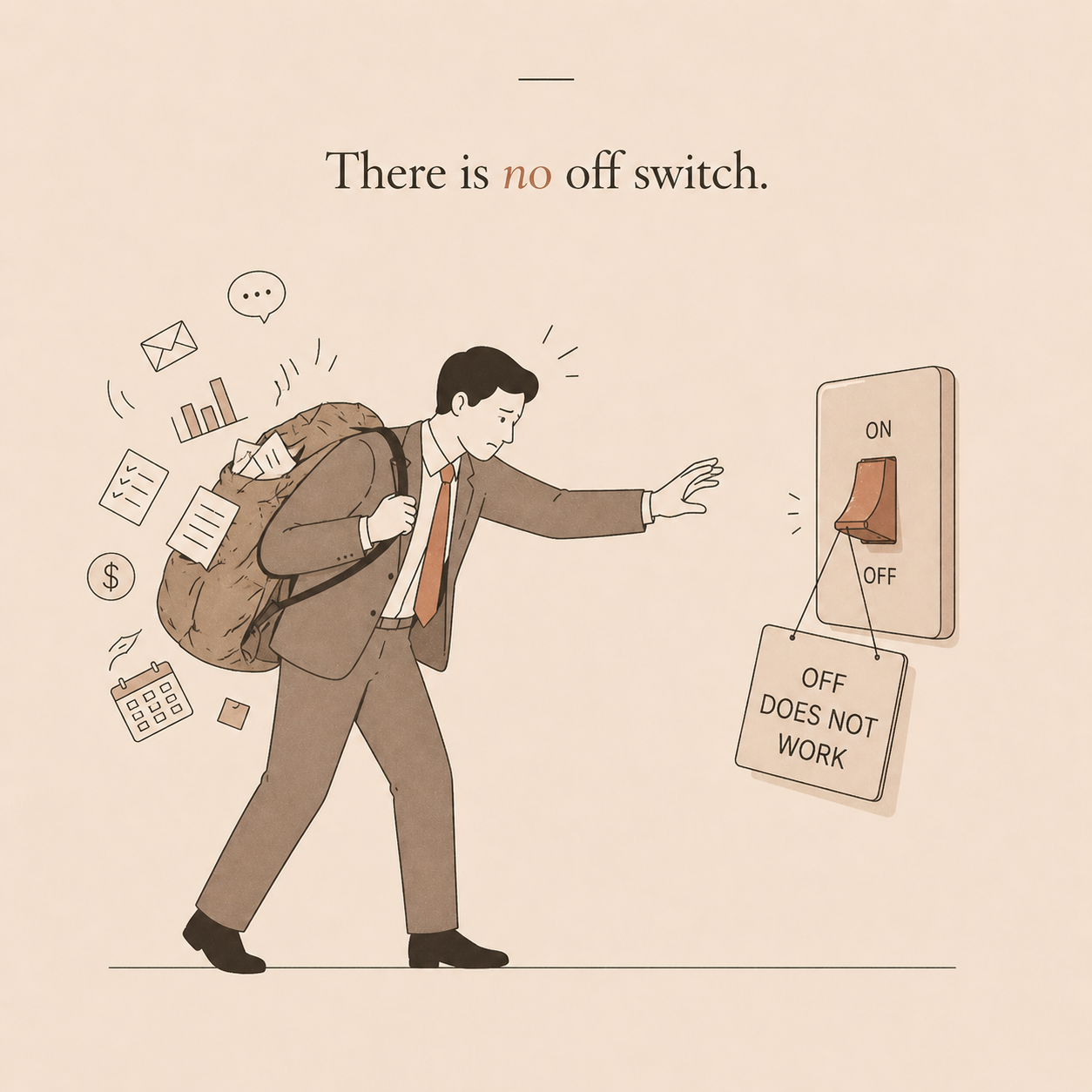 Illustration — a person trying to reach an off switch that does not work